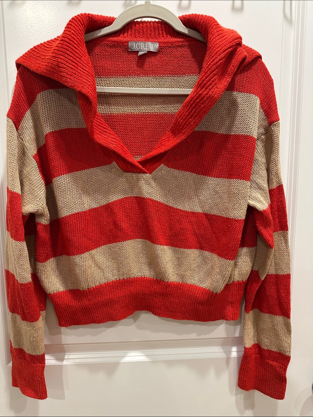 J. Crew Red and Beige Striped Cowl-Neck Cropped Pullover